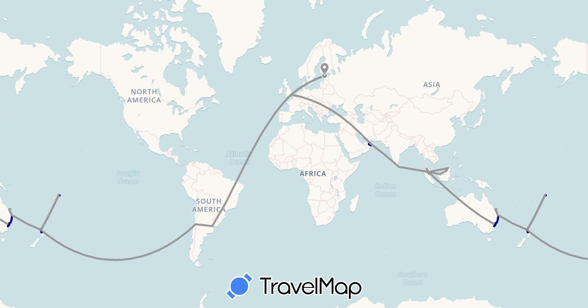 TravelMap itinerary: driving, plane, boat in Argentina, Australia, Chile, Estonia, United Kingdom, Sri Lanka, Malaysia, New Zealand, Oman, Samoa (Asia, Europe, Oceania, South America)